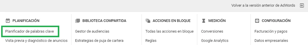 entrar planificador palabras clave
