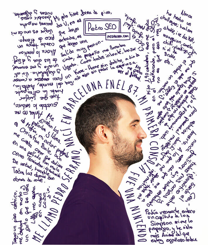 Retrato de Pedro Serrano rodeado de frases escritas a mano sobre su vida